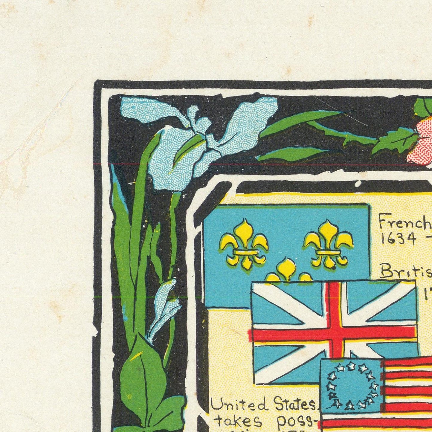 Decorative card with flags and floral elements on a textured background