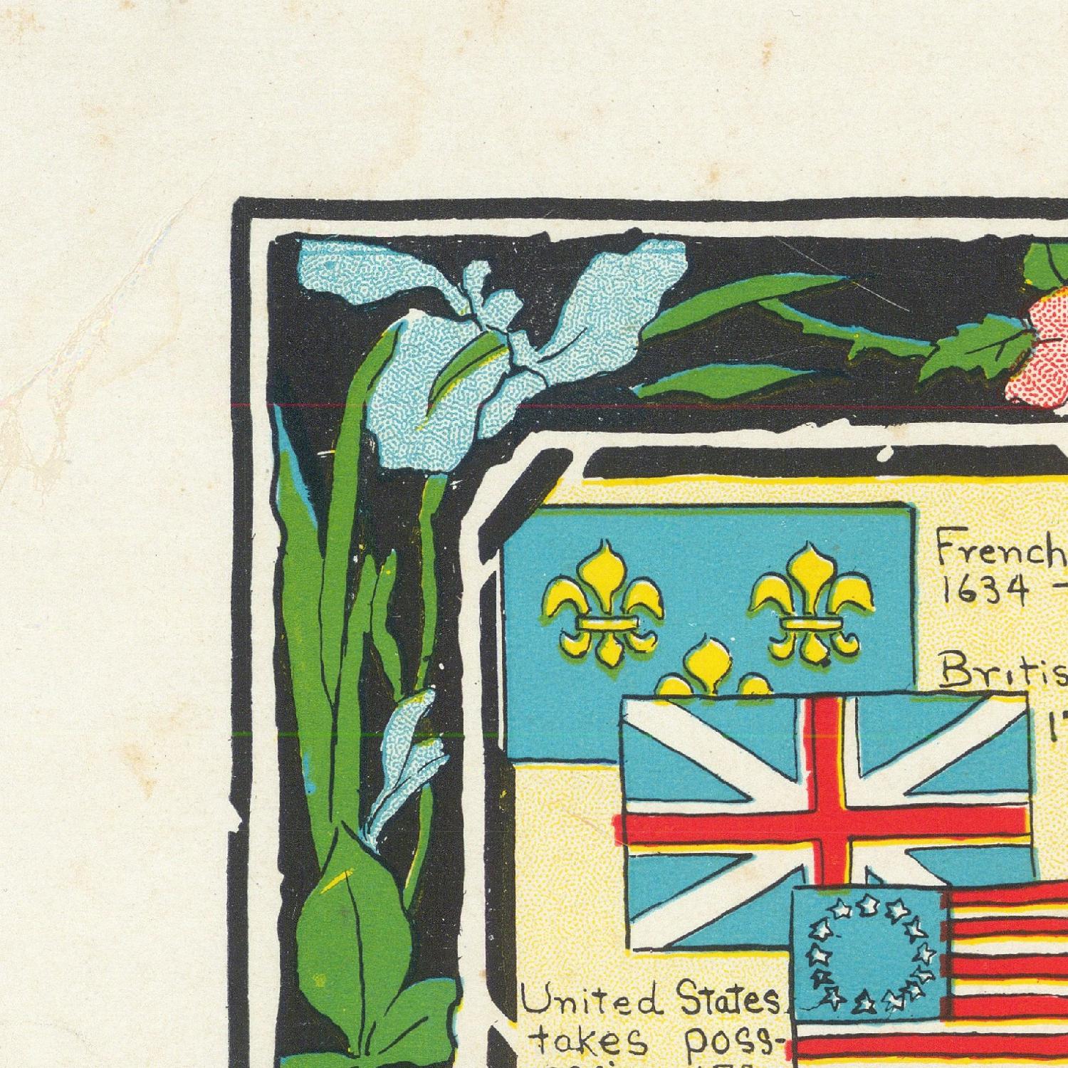 Decorative card with flags and floral elements on a textured background