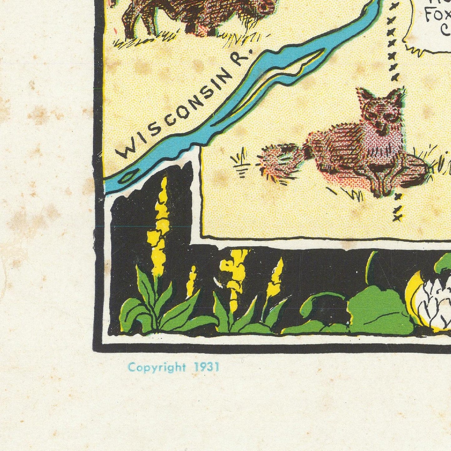 Vintage-style illustration of a fox and Wisconsin River with plants and animals on a beige background.