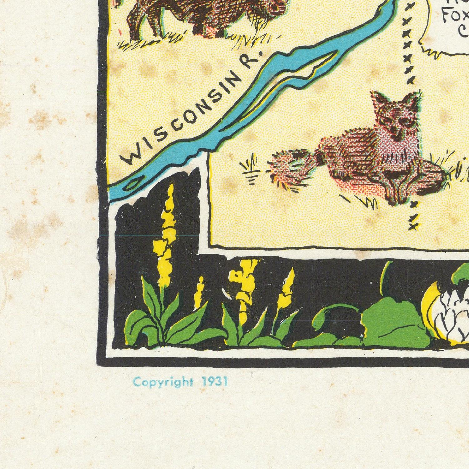 Vintage-style illustration of a fox and Wisconsin River with plants and animals on a beige background.