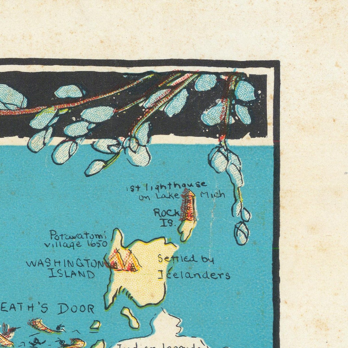 Map illustration of Washington Island with a lighthouse and text on a textured background