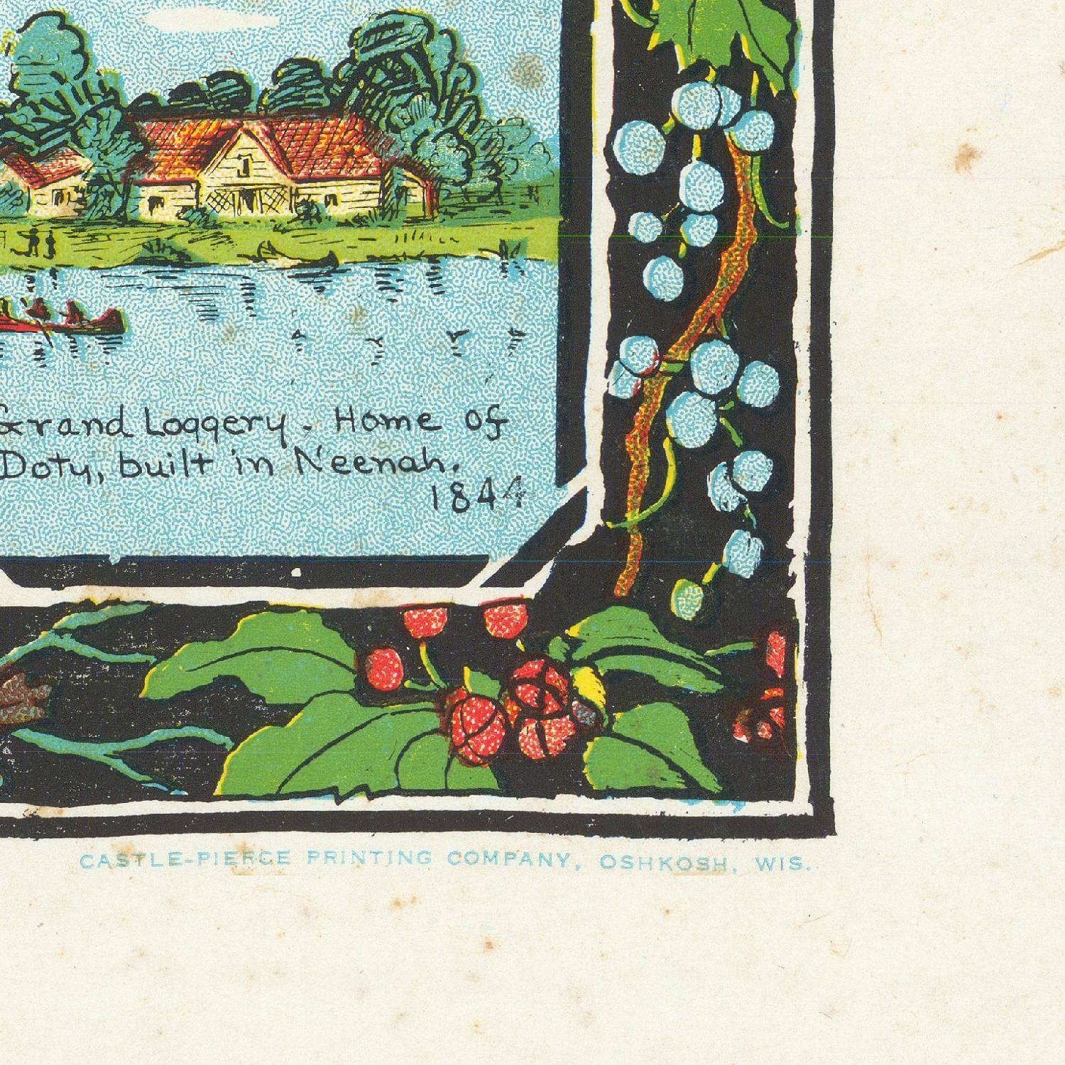 Vintage illustration of a log cabin by a lake with decorative elements and text.