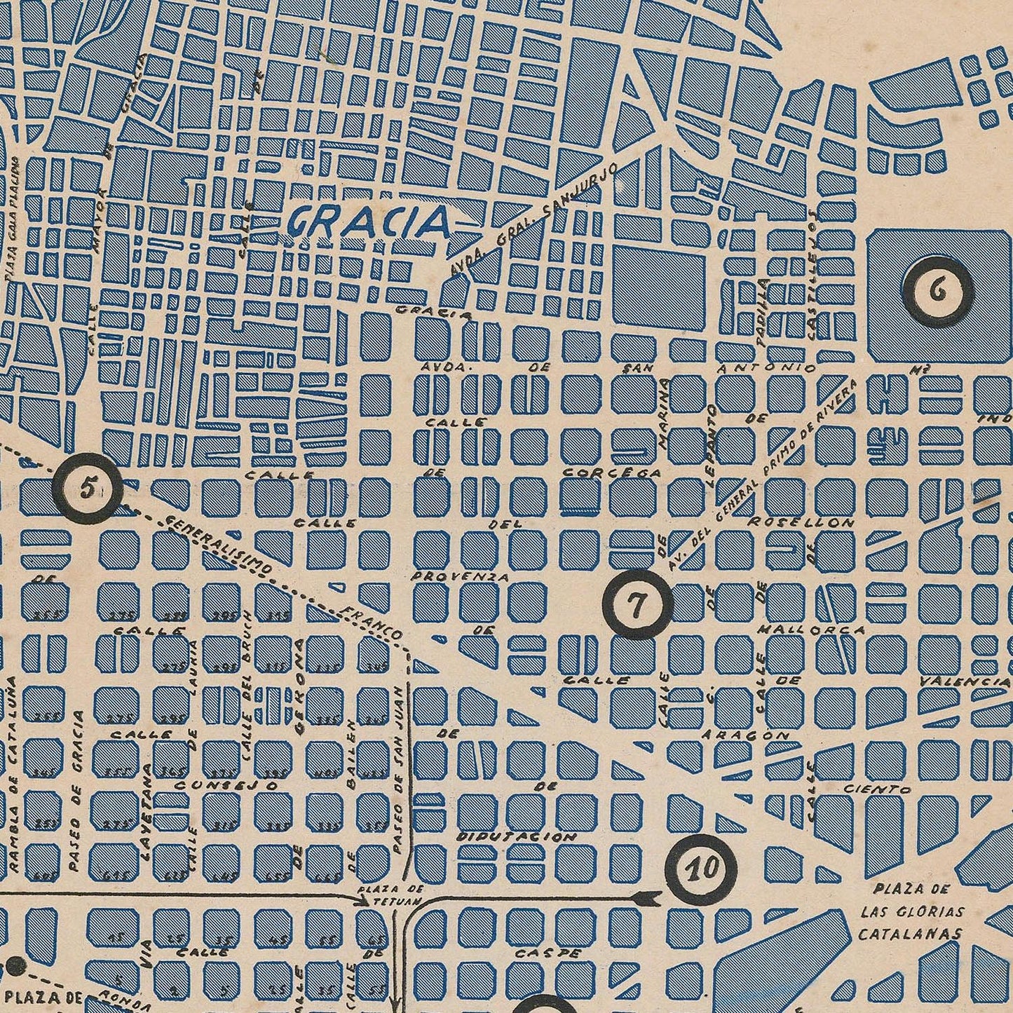 Map of a city layout with streets and blocks, featuring the area labeled 'Gracia'.