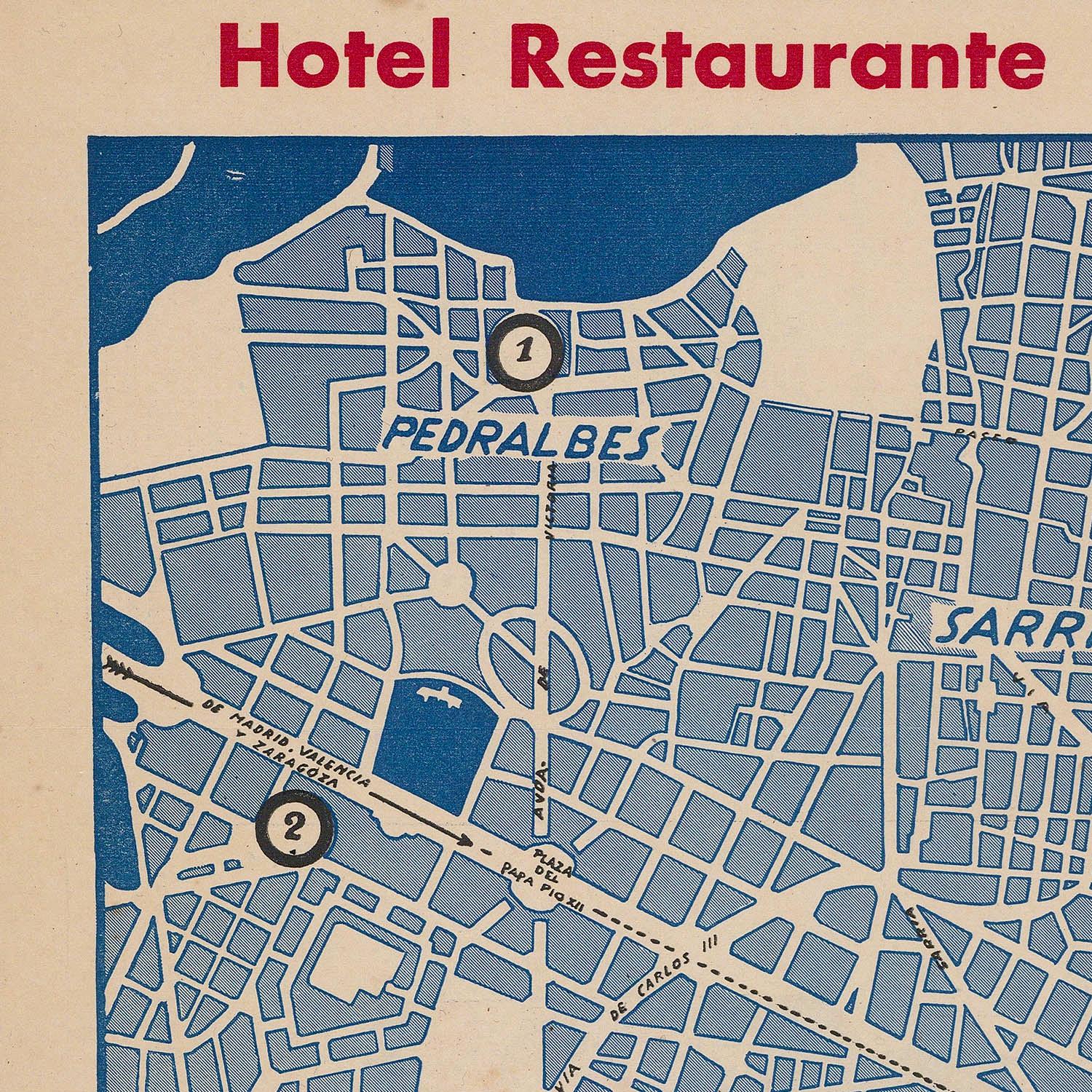 Map of a city layout with labeled streets and 'Hotel Restaurante' at the top.