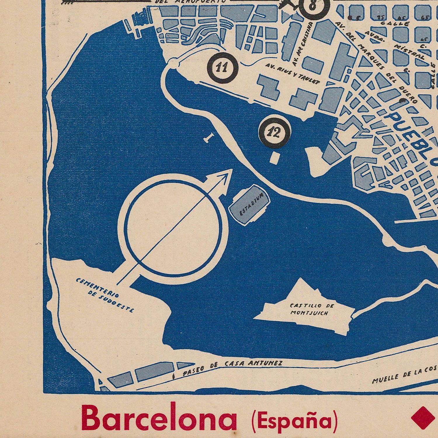 Vintage map of Barcelona with blue water and beige landmasses, featuring the name 'Barcelona (España)'.