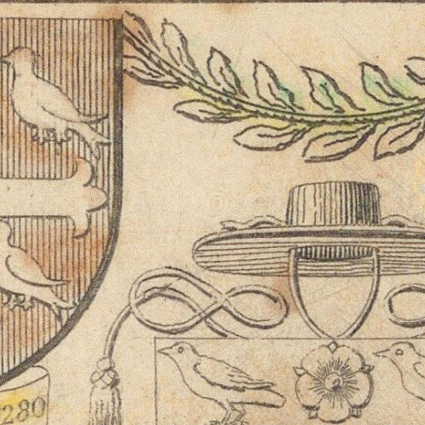 Decorative design with shield, laurel wreath, and birds on a textured background