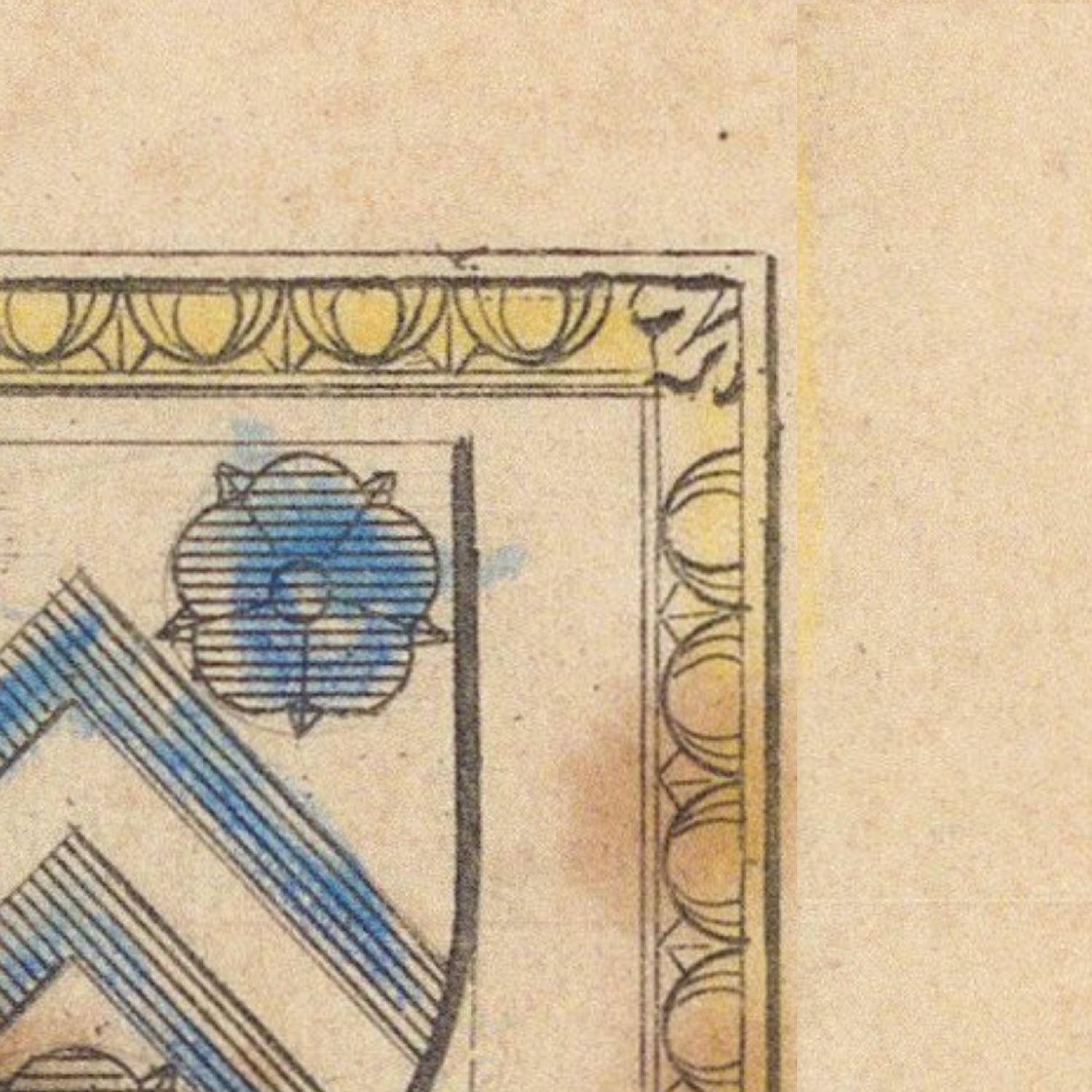 Decorative corner of a document with floral design and geometric patterns on a beige background