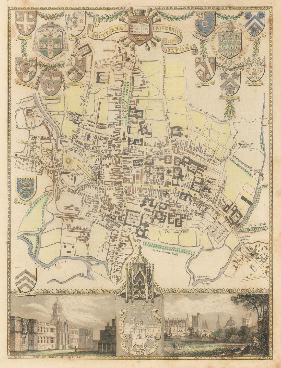 Vintage map of a city with architectural details and coat of arms