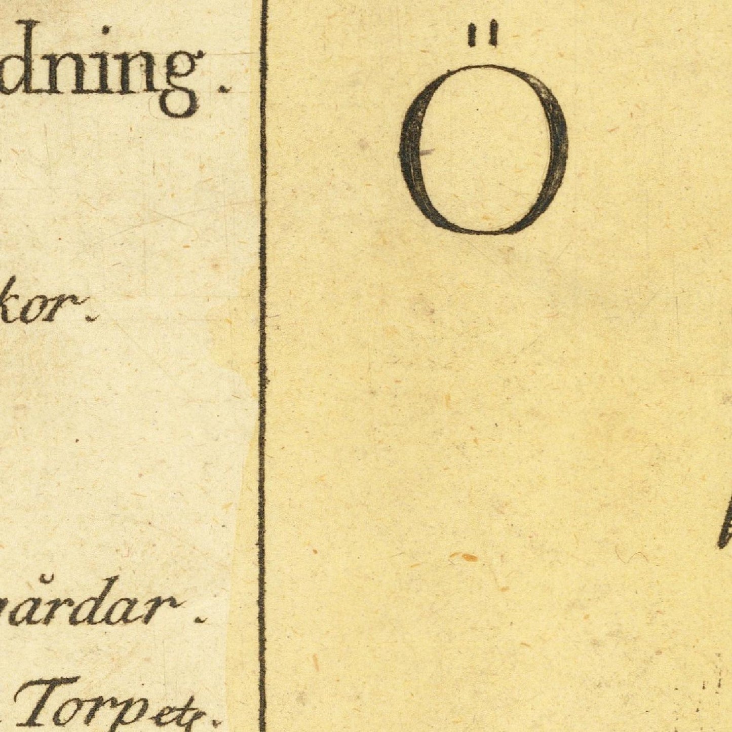 Close-up of a printed page with text and a large letter 'O' on a beige background.