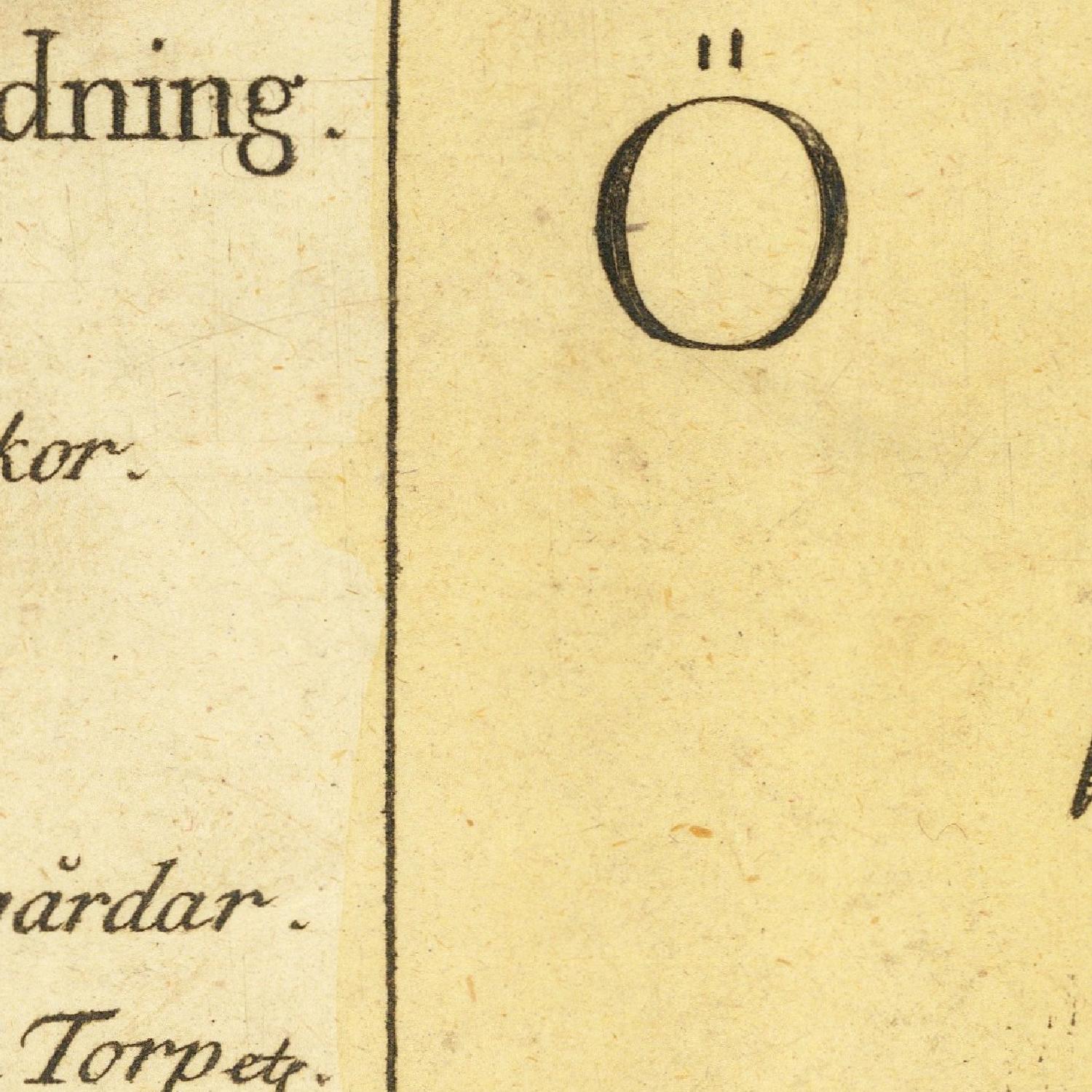 Close-up of a printed page with text and a large letter 'O' on a beige background.