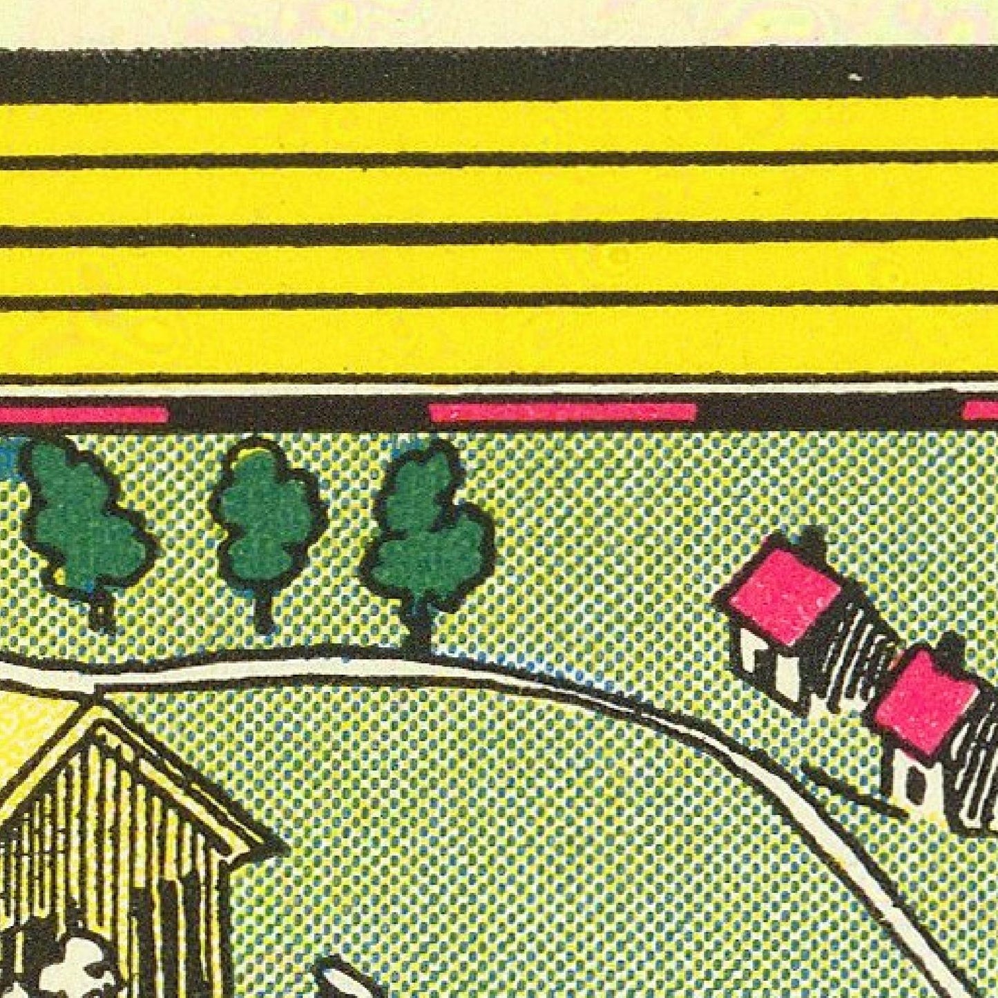 Cartoonish illustration of a road with houses and trees on a textured background