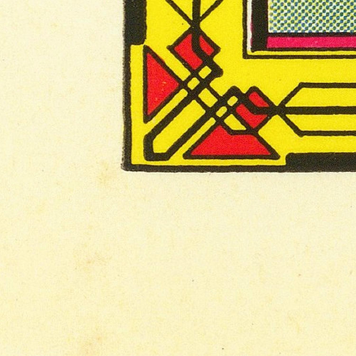 Geometric design with red, yellow, and black on a beige background