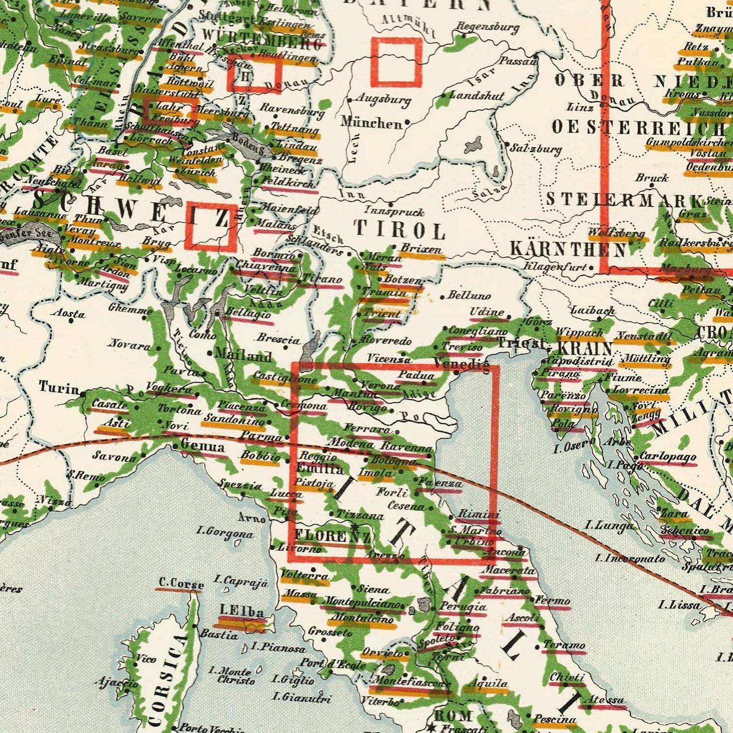 Vintage map of Europe with labeled regions and boundaries