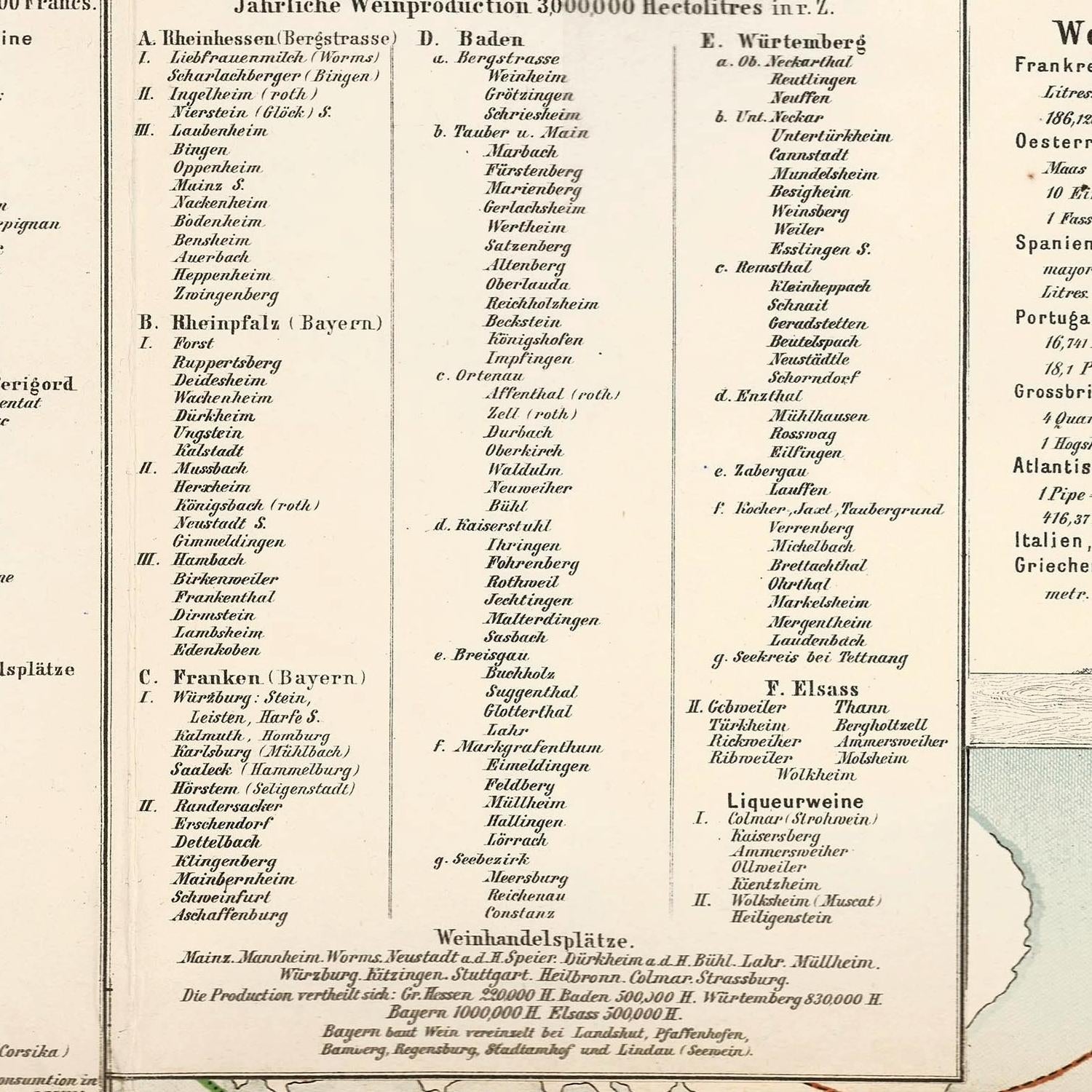 Vintage document with text and a map, likely related to wine production statistics.