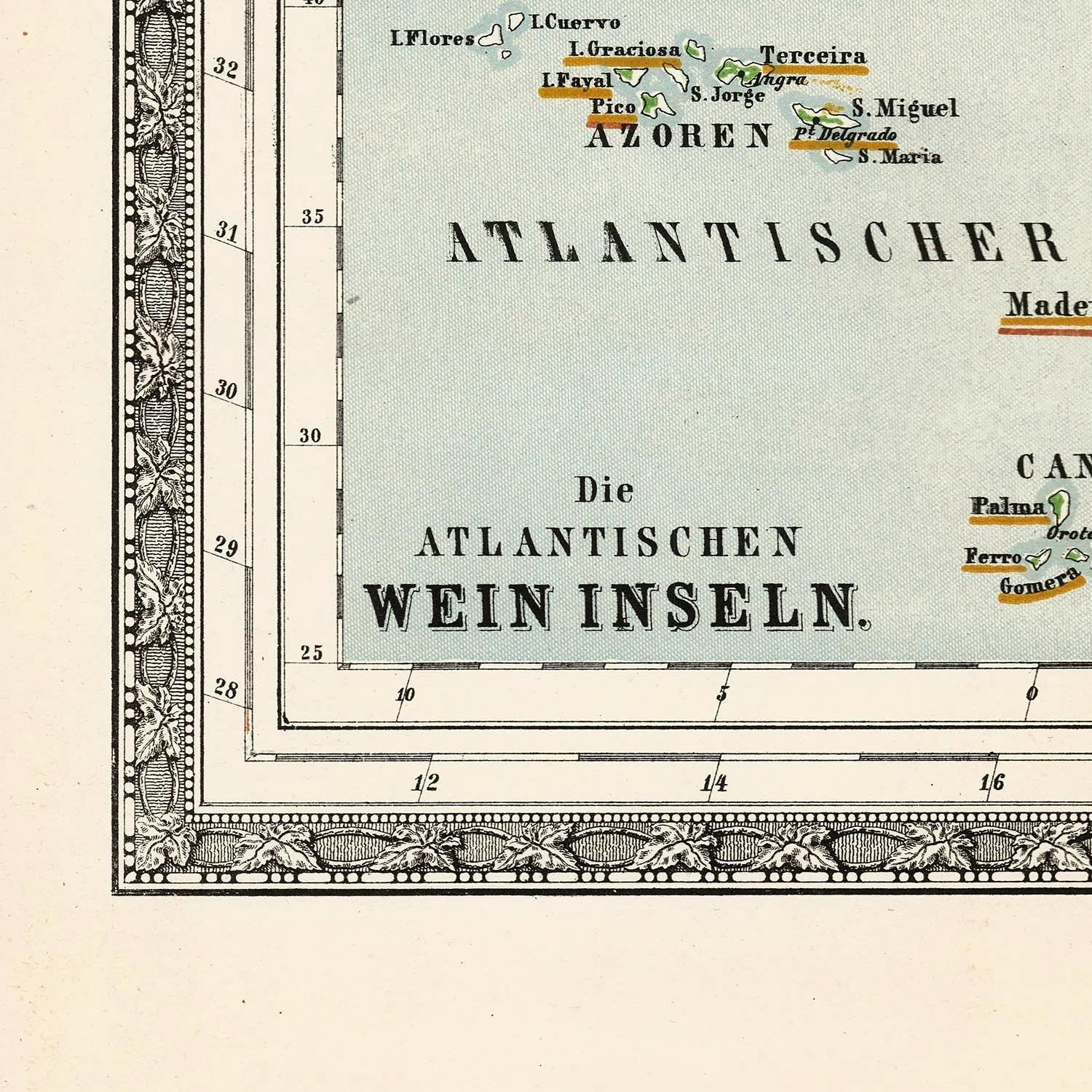 Vintage map of Atlantic wine islands with decorative border and text