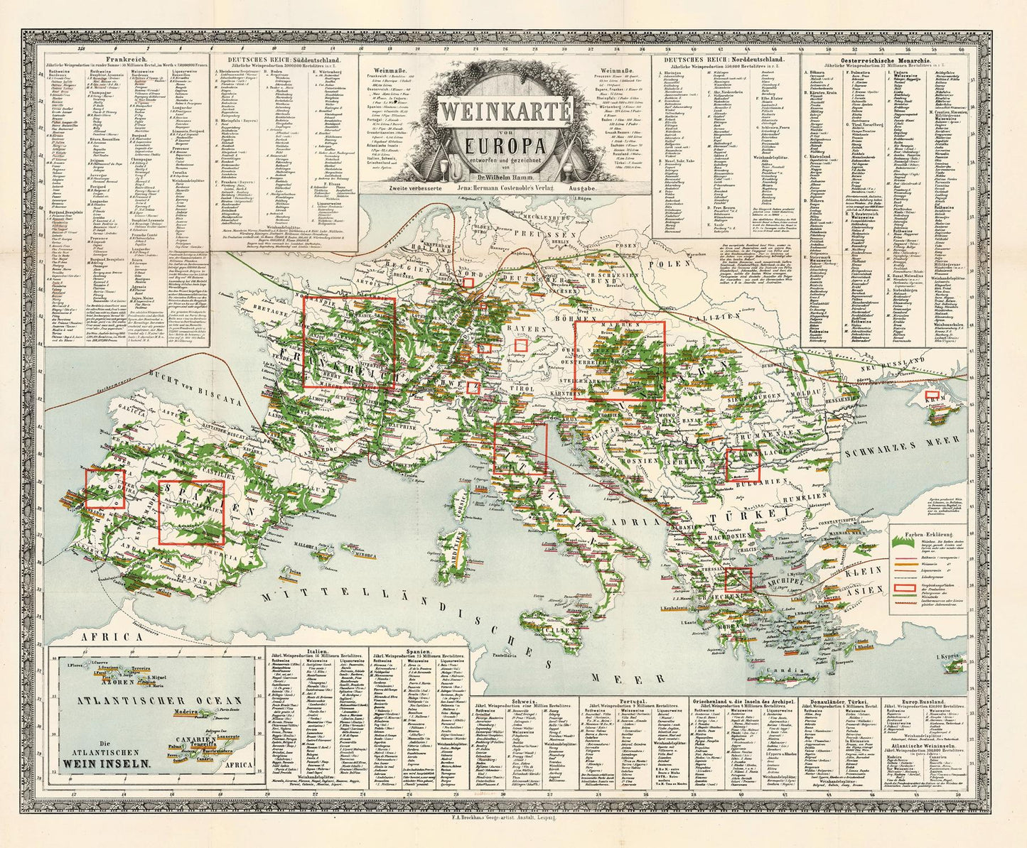 Vintage map of Europe with green landmasses and red boxes, framed by text.