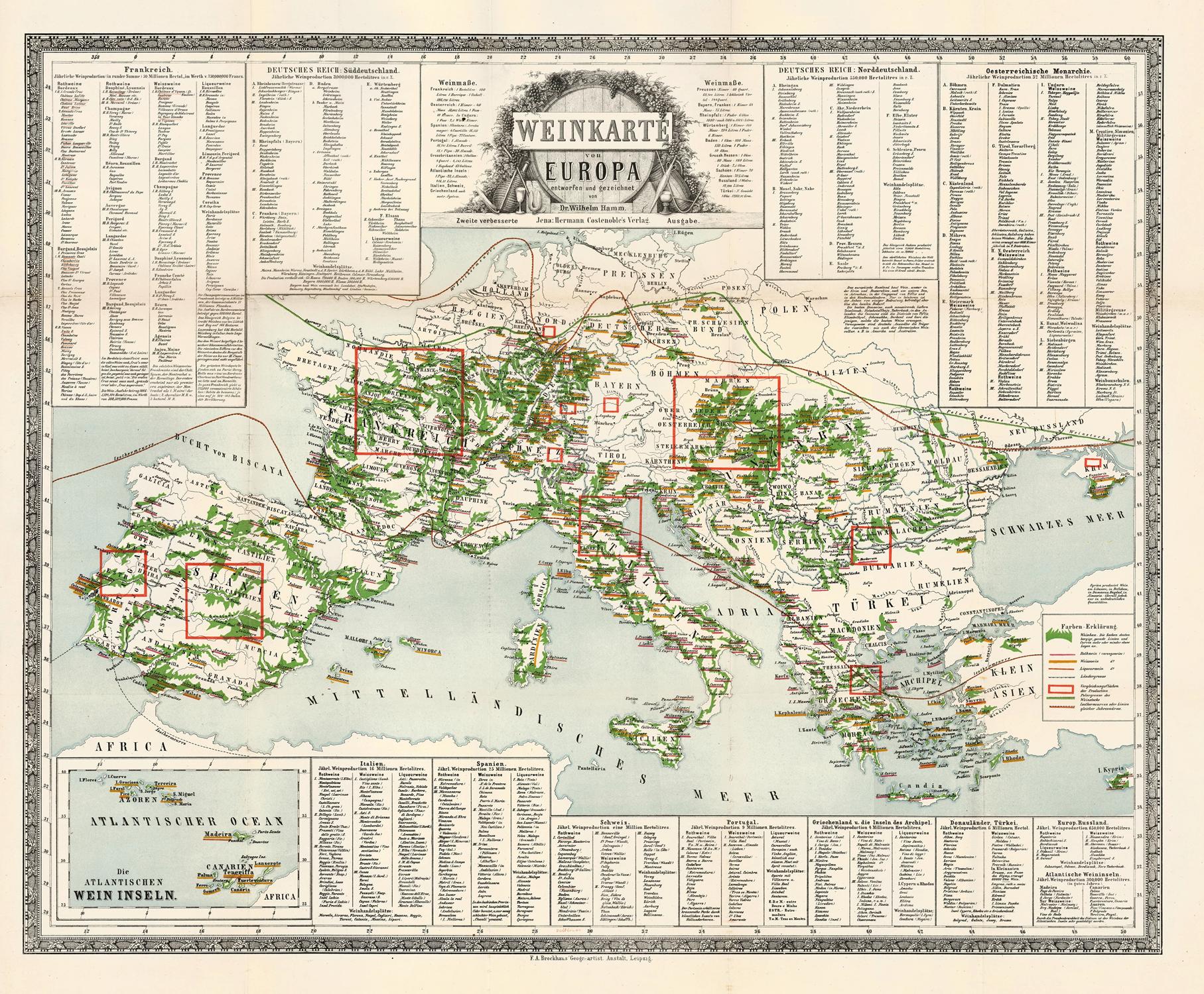 Vintage map of Europe with green landmasses and red boxes, framed by text.
