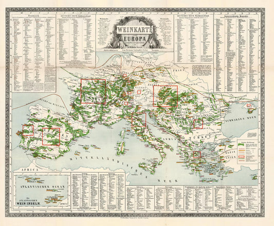 Vintage map of Europe with green landmasses and red boxes, framed by text.