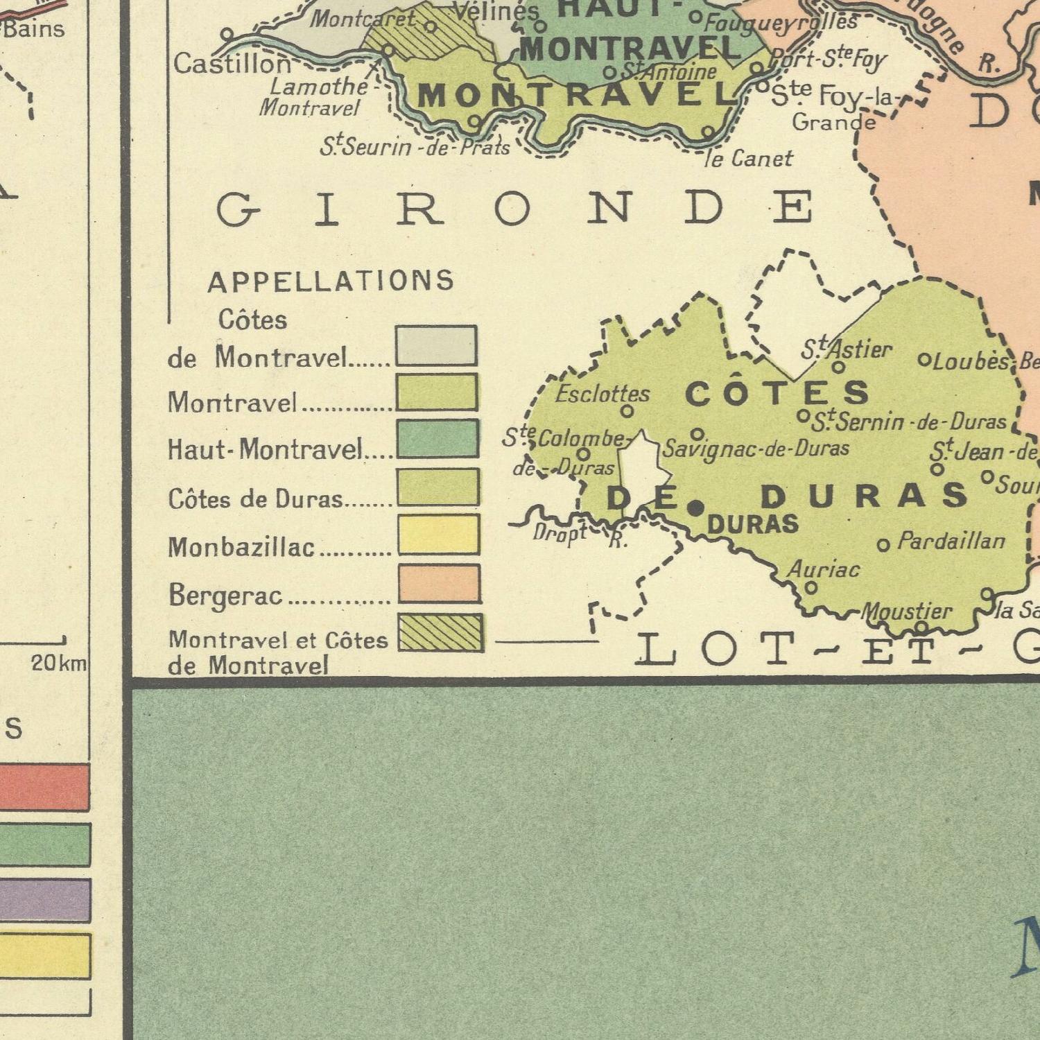 Map of Gironde region with wine appellation labels