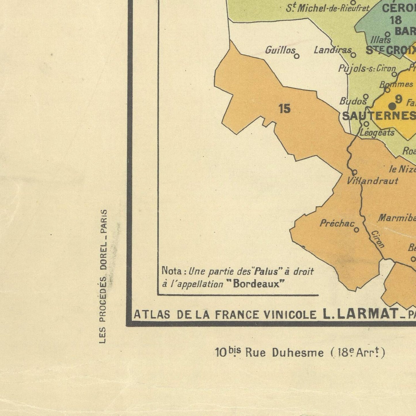 Vintage map of Bordeaux region with color-coding and text details.