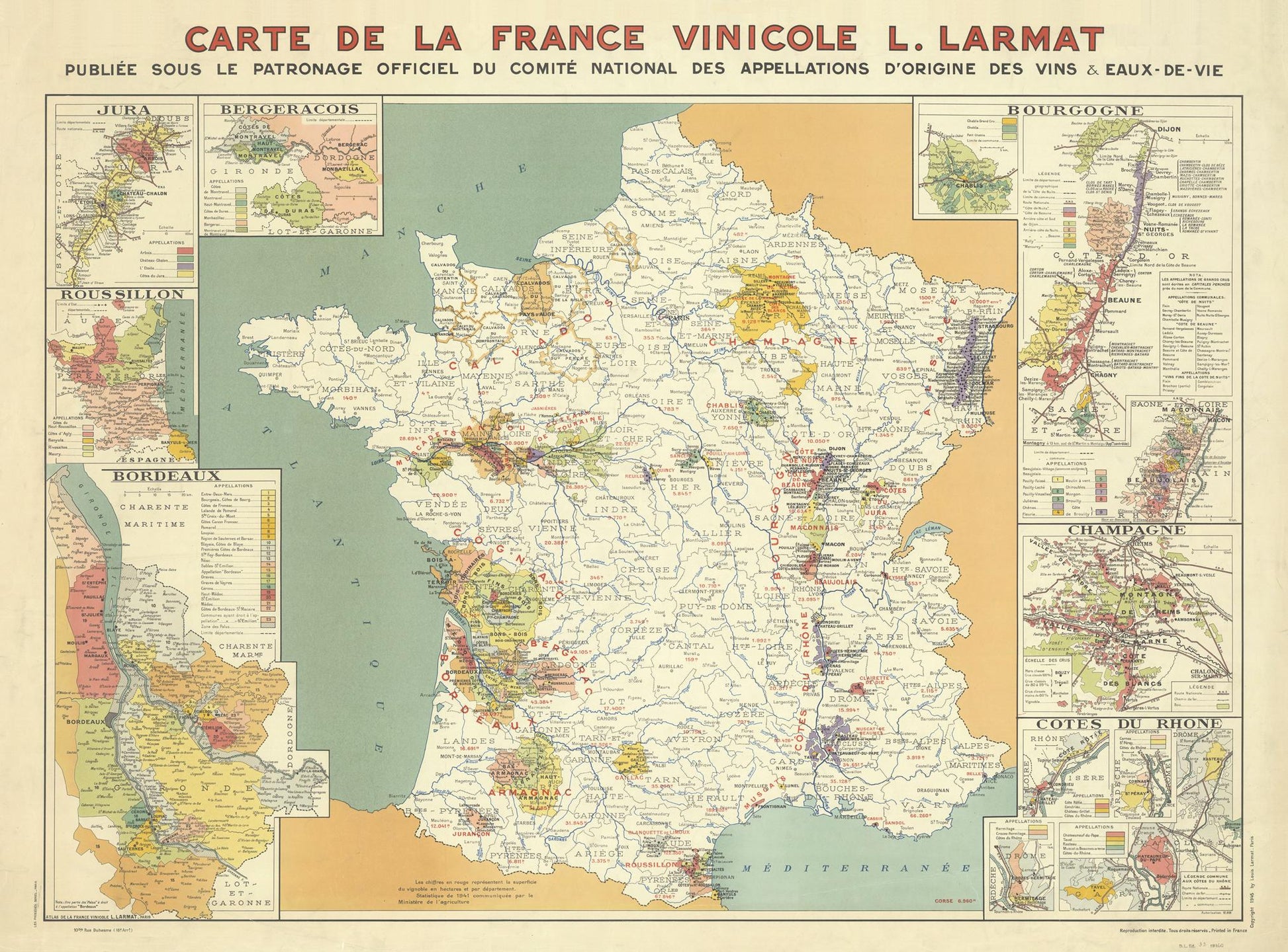 Vintage map of France's wine regions by L. Larmat