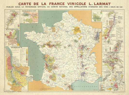 Vintage map of France's wine regions by L. Larmat
