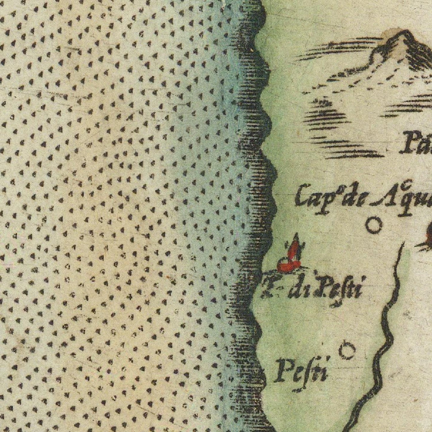 Vintage map detail with coastal area labeled 'Cap de Aqui' and 'Pestii'.