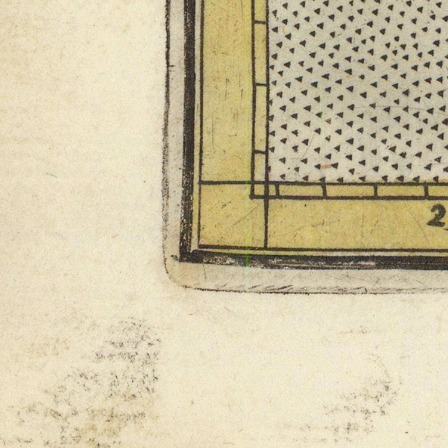Close-up of a corner with grid lines and numbers on a textured surface