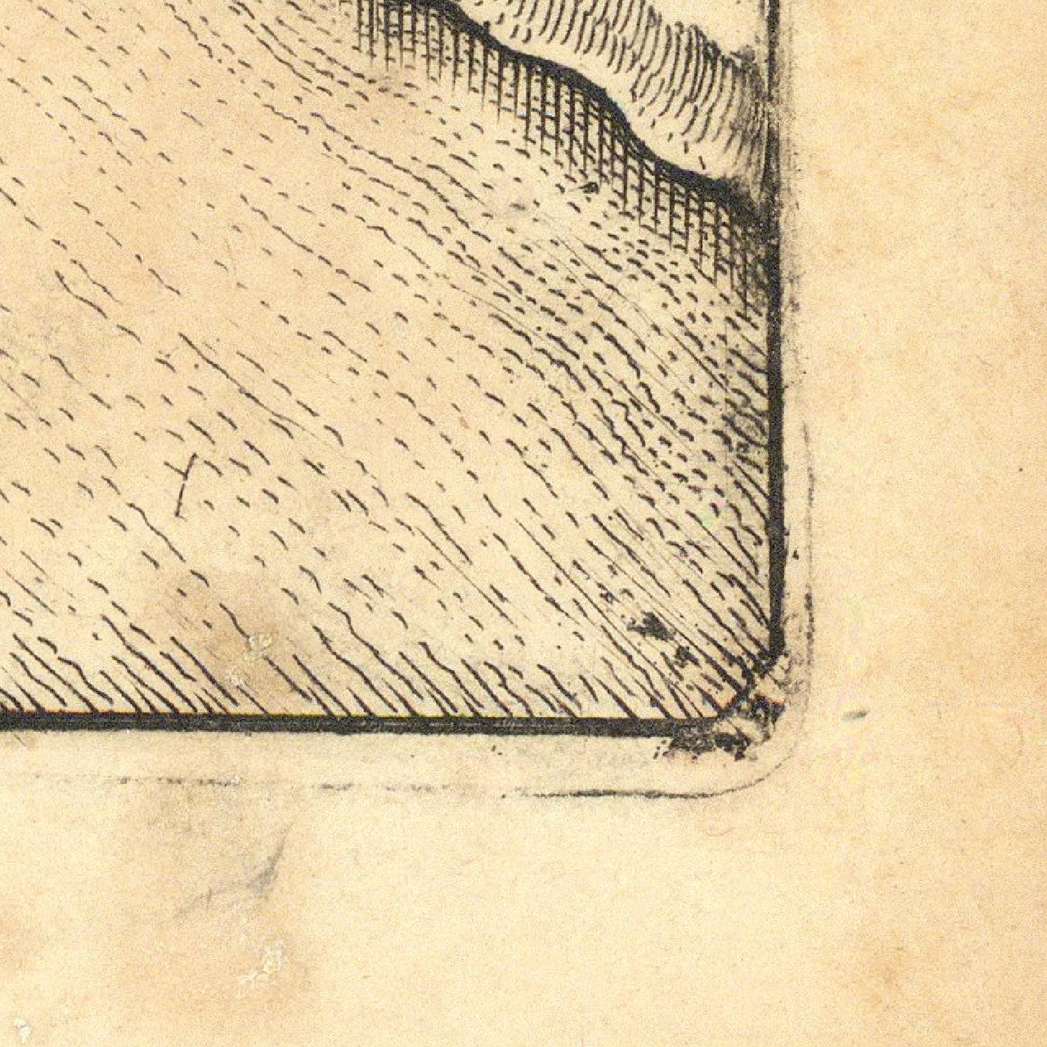 Corner of a map with black ink on beige paper