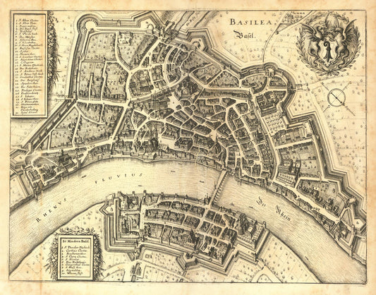 Vintage map of a city layout with rivers and fortifications