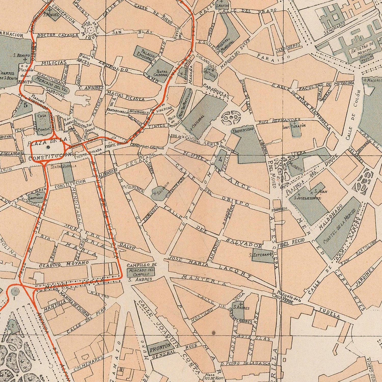 Vintage map of a city layout with streets and buildings