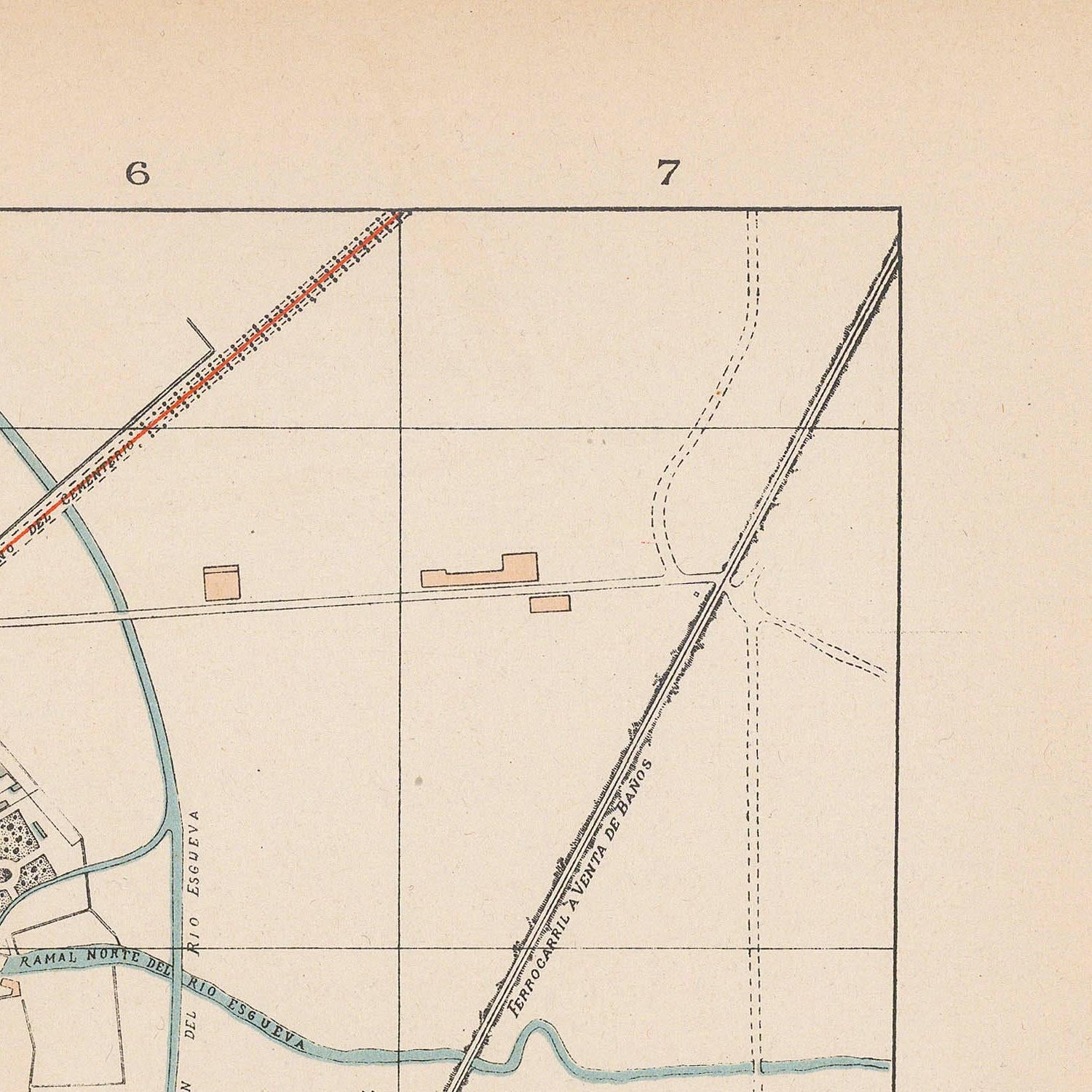 Vintage map section with grid lines, roads, and labels on a beige background