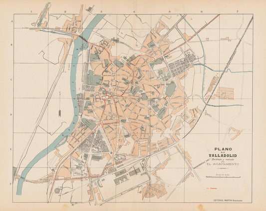 Vintage map of Valladolid with colored districts and a river