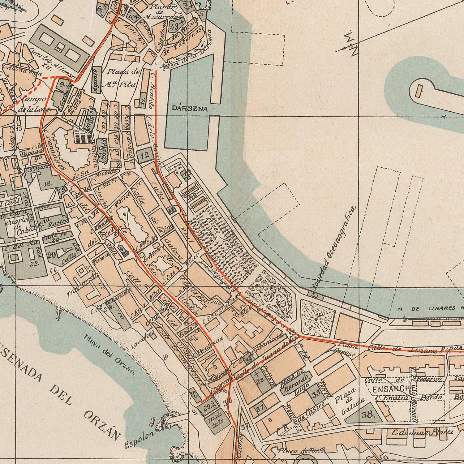 Vintage map of a coastal city layout with streets and landmarks.