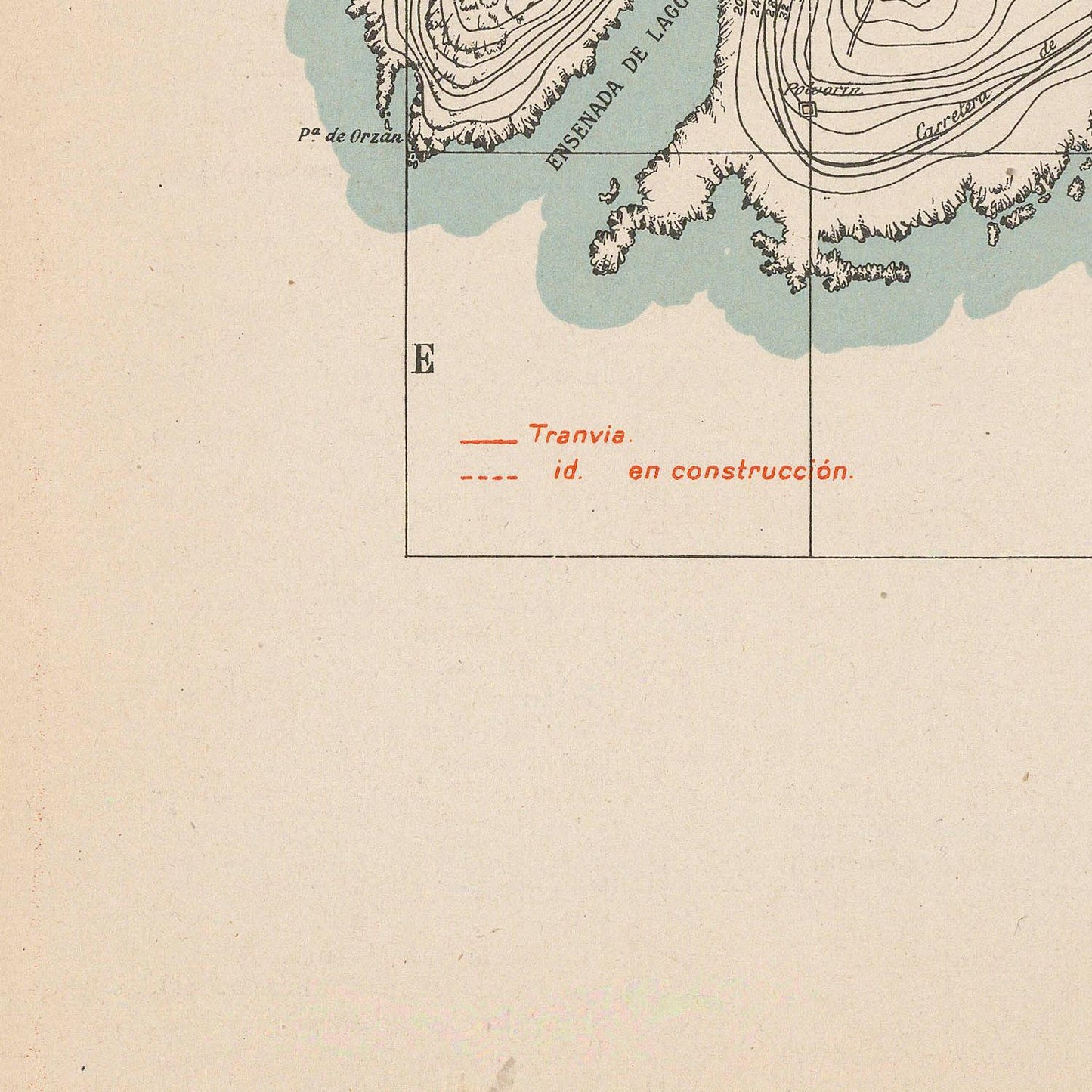 Map with topographic details and labeled 'Tranvia' on a beige background