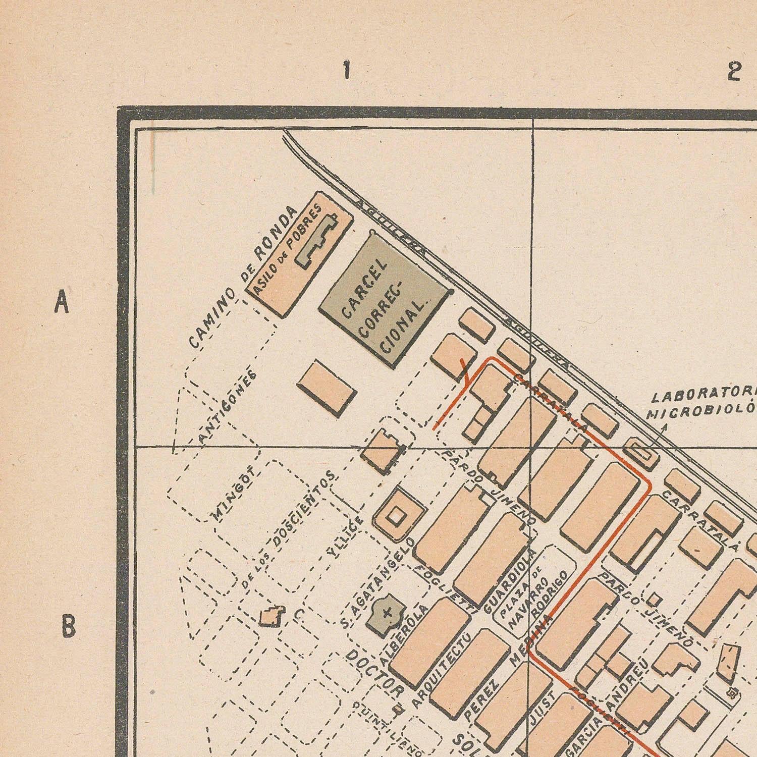 Vintage map of a layout with labeled sections and buildings on a beige background