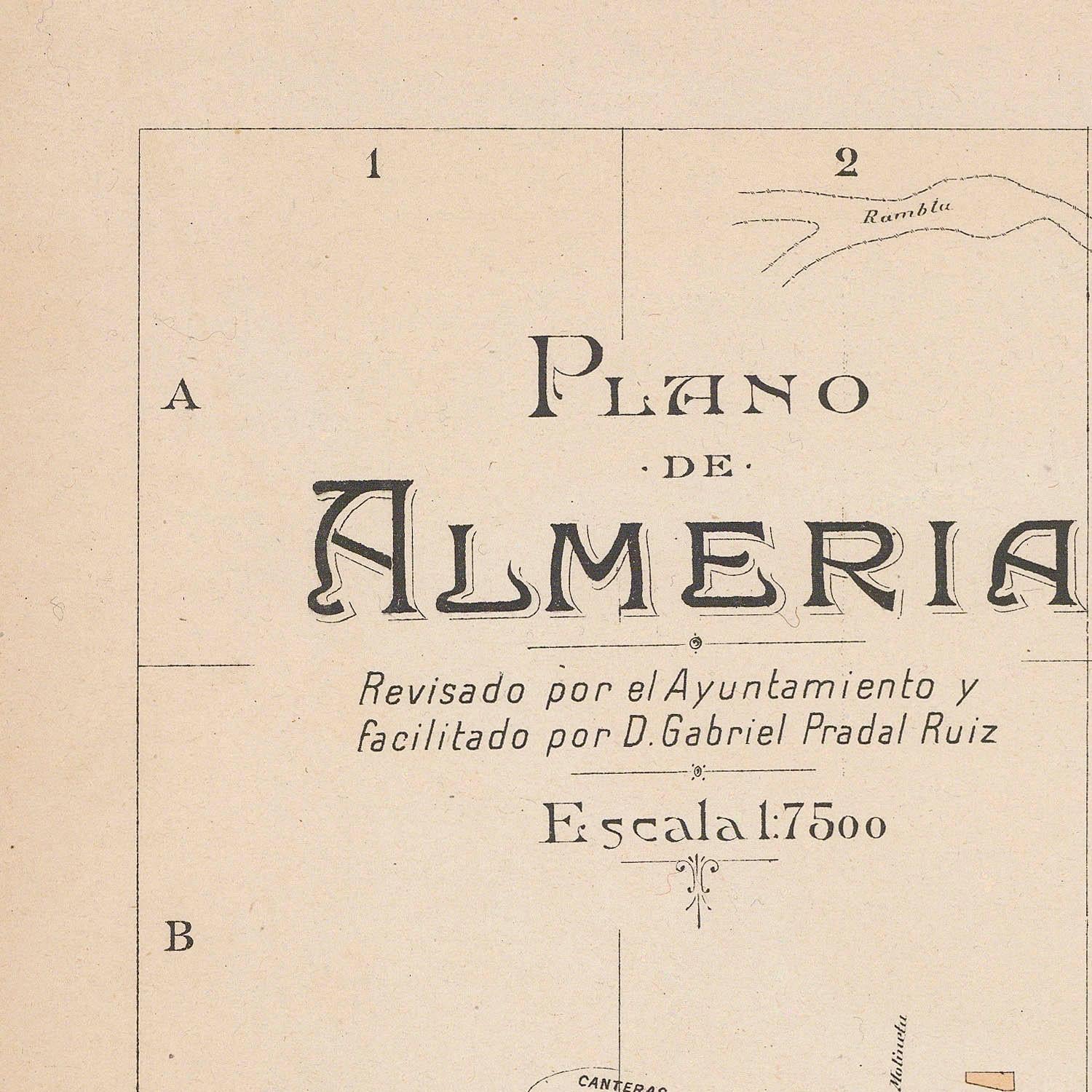 Vintage map of Almeria with text and scale information on a beige background