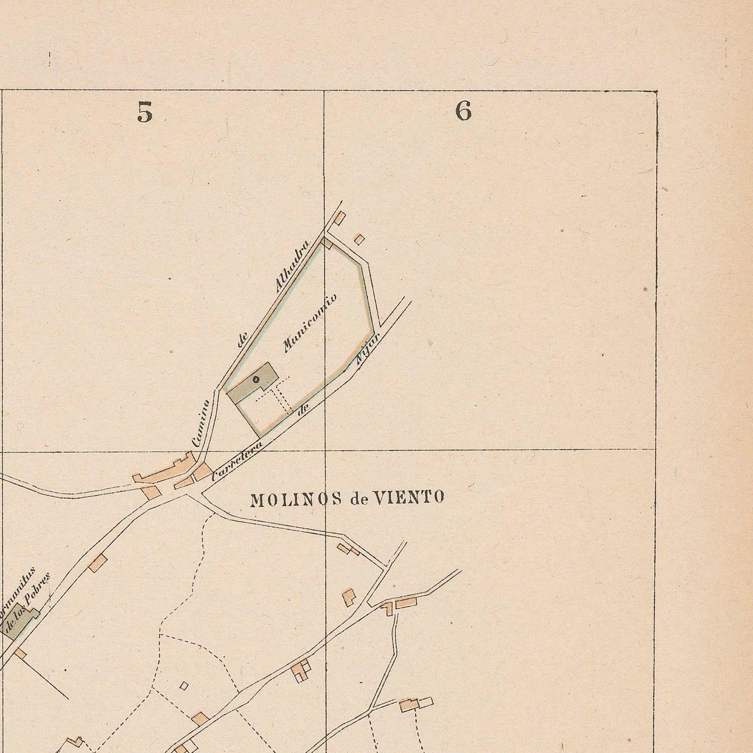 Old map of a location labeled 'Molinos de Viento' with streets and buildings.