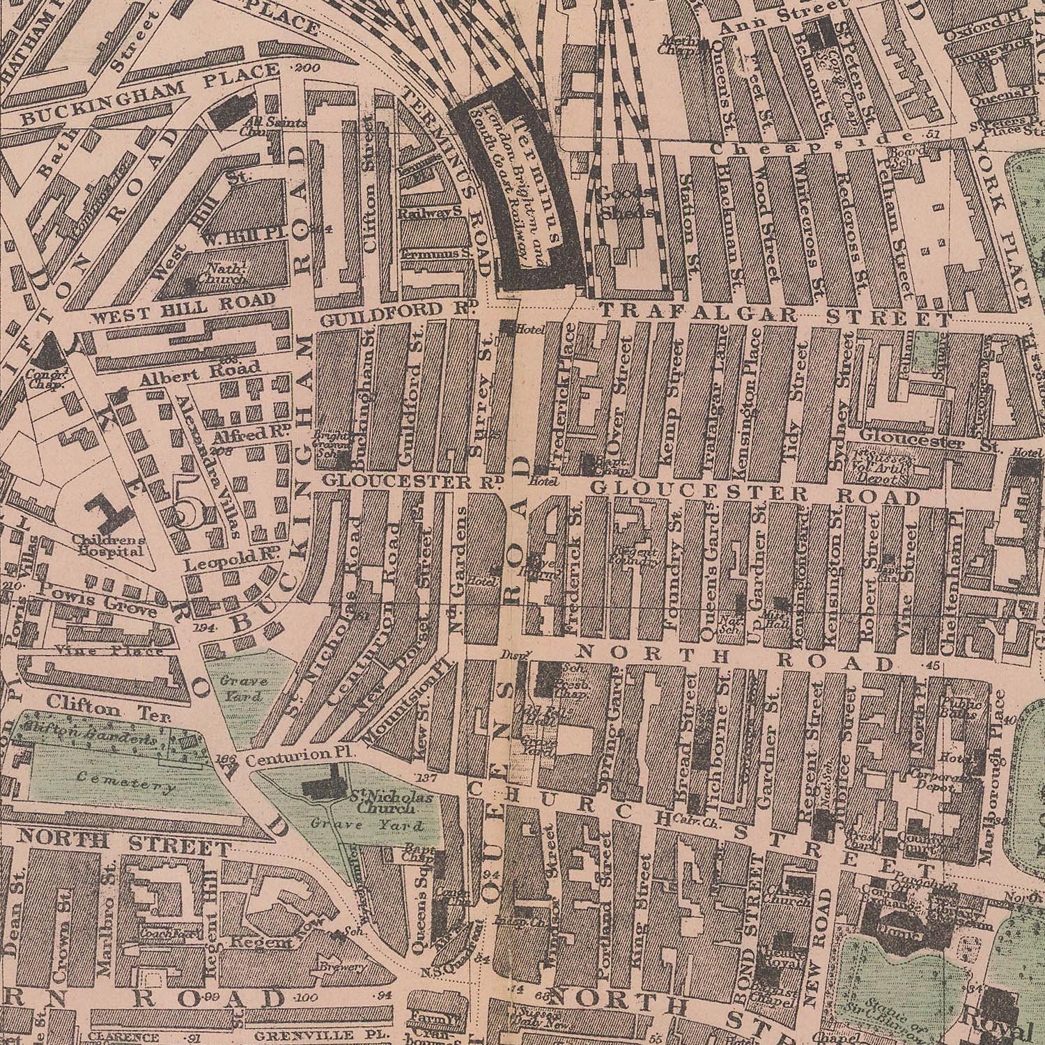 Vintage map of a city street layout with labeled roads and buildings.