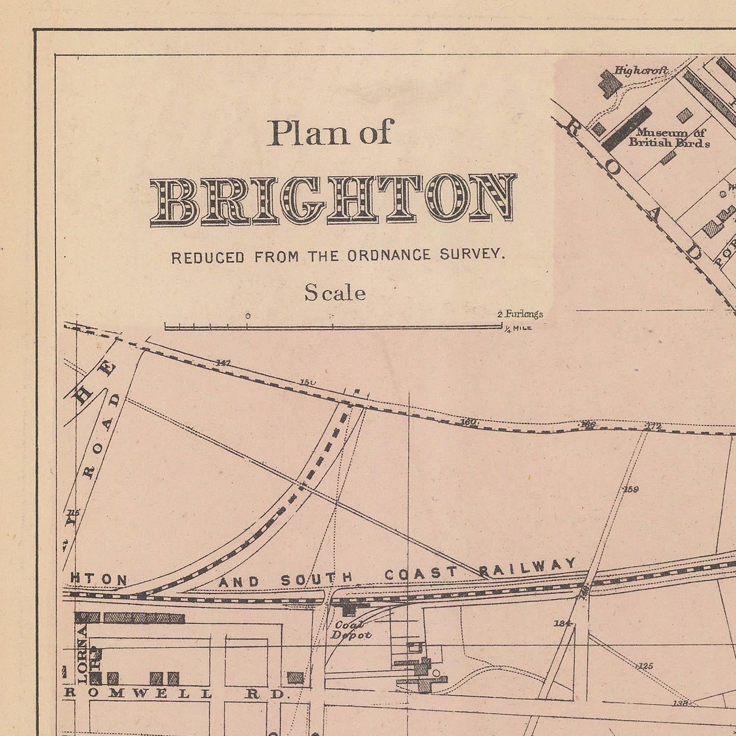 Vintage map of Brighton reduced from the Ordnance Survey, showing roads and railway lines.