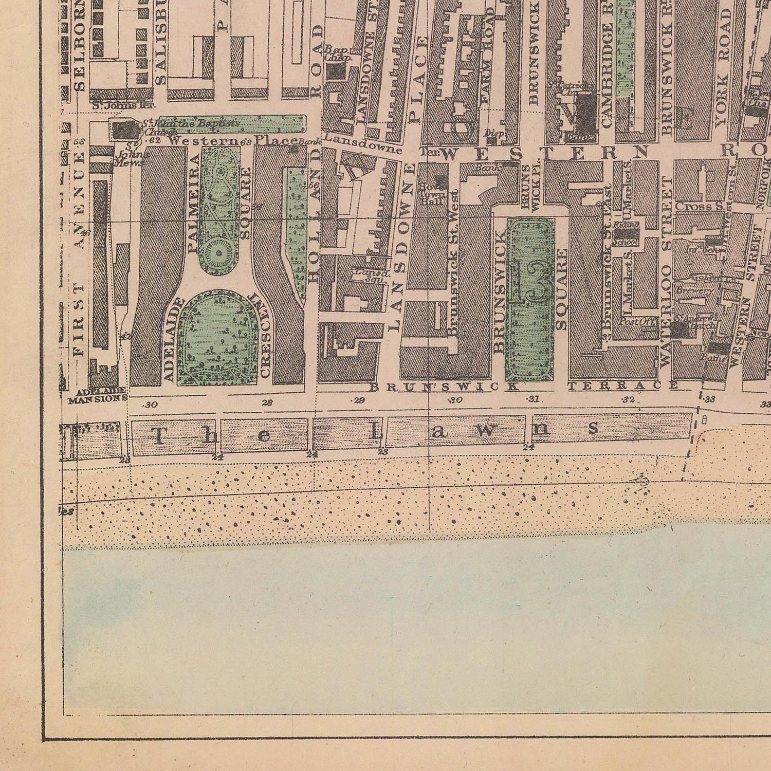 Vintage map of a city layout with streets and green spaces