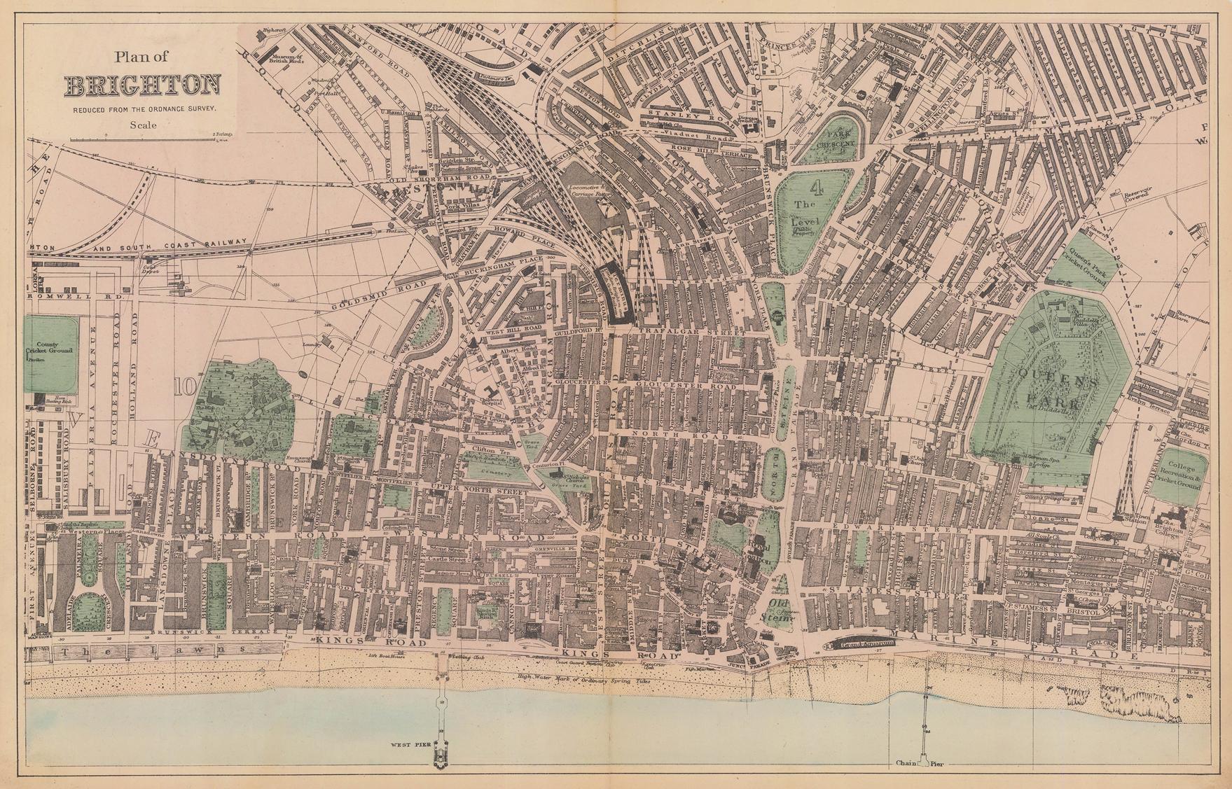 Vintage map of Brighton with labeled streets and landmarks