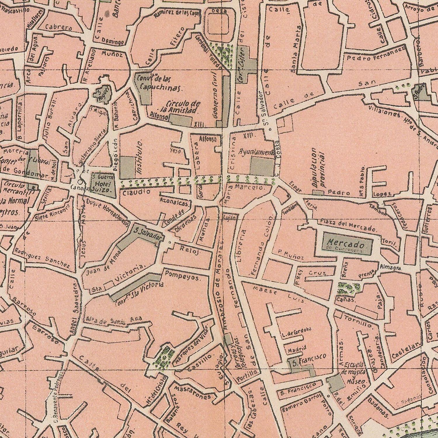 Old map of a city layout with streets and buildings
