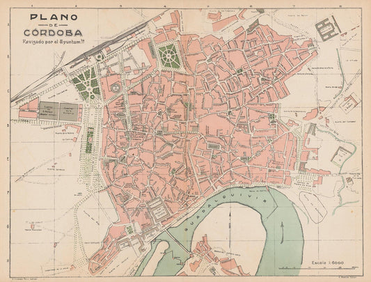 Vintage map of Córdoba, Spain with colored sections and labeled streets.