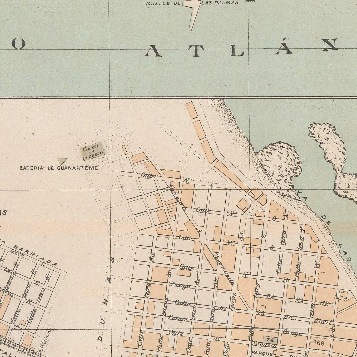 Vintage map of a coastal area with streets and landmarks labeled