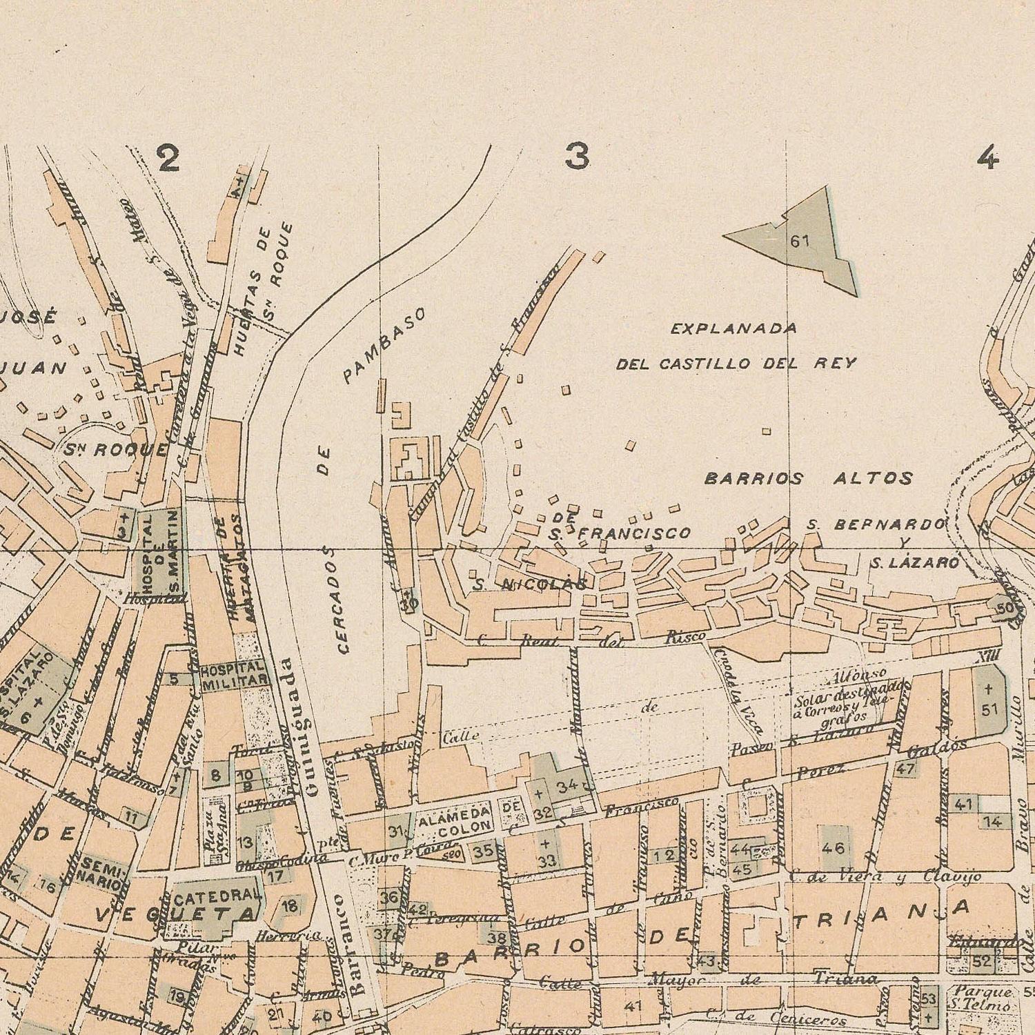 Vintage map of a city layout with streets and buildings