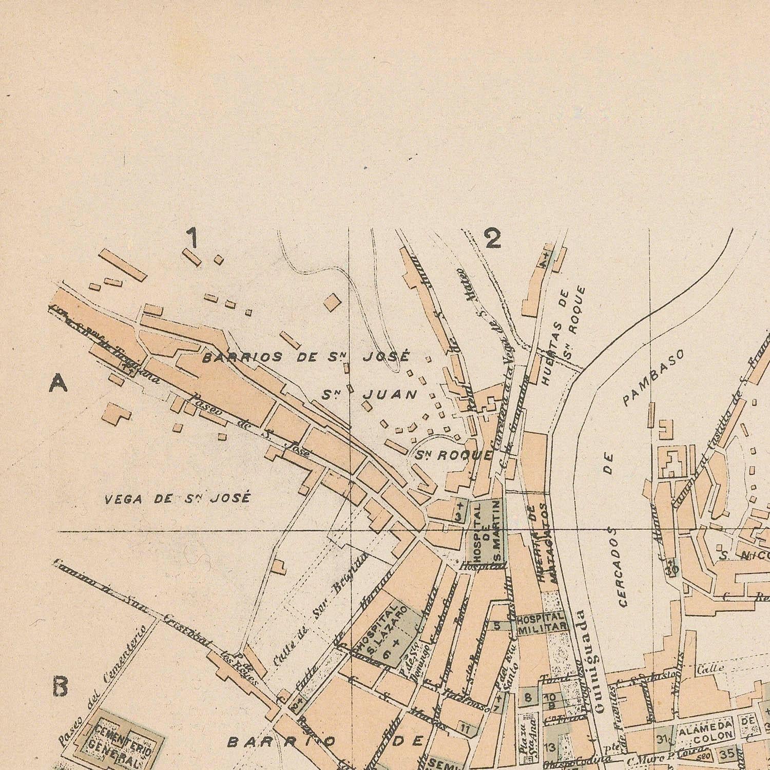 Vintage map of a city layout with streets and landmarks
