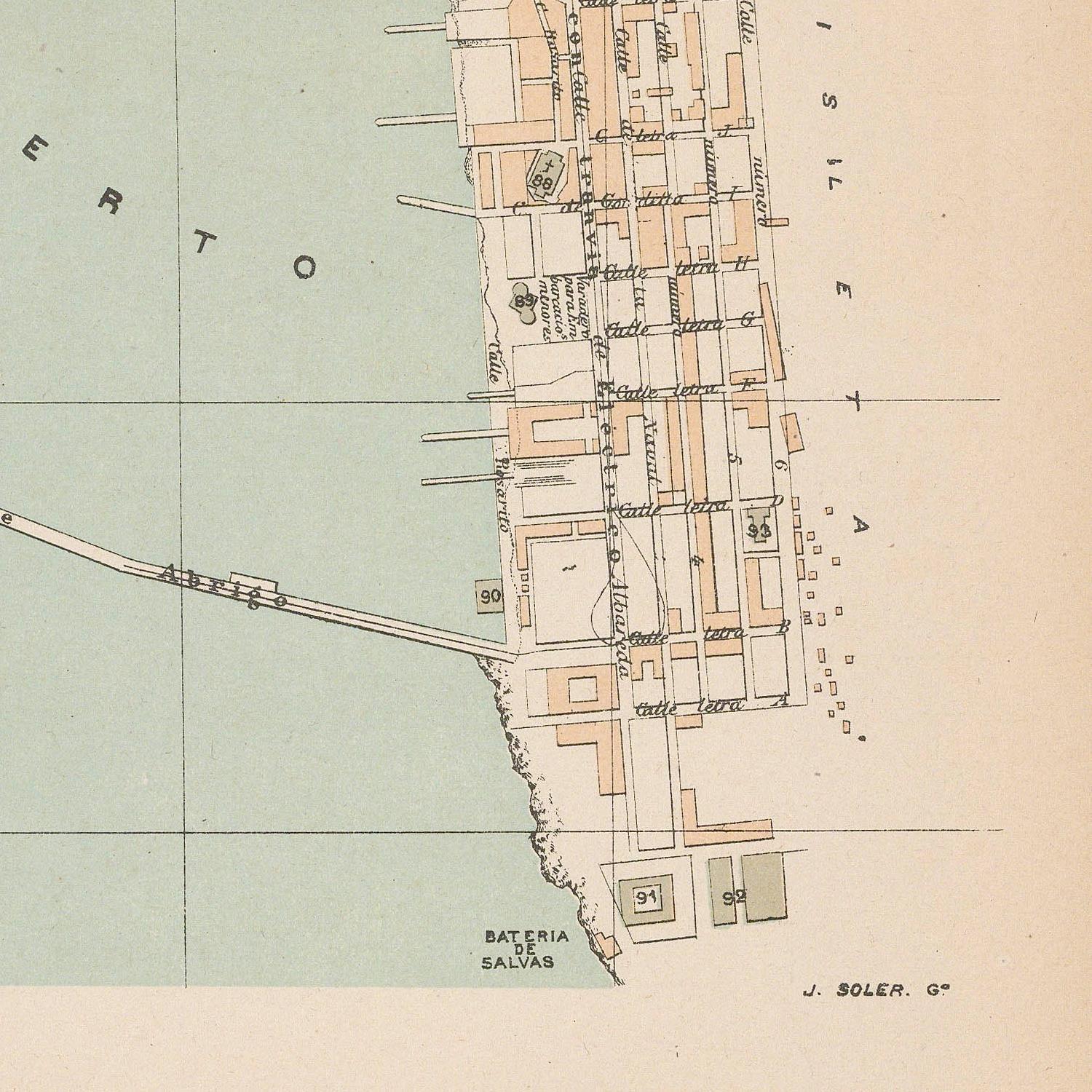 Vintage map of a coastal area with streets and buildings labeled