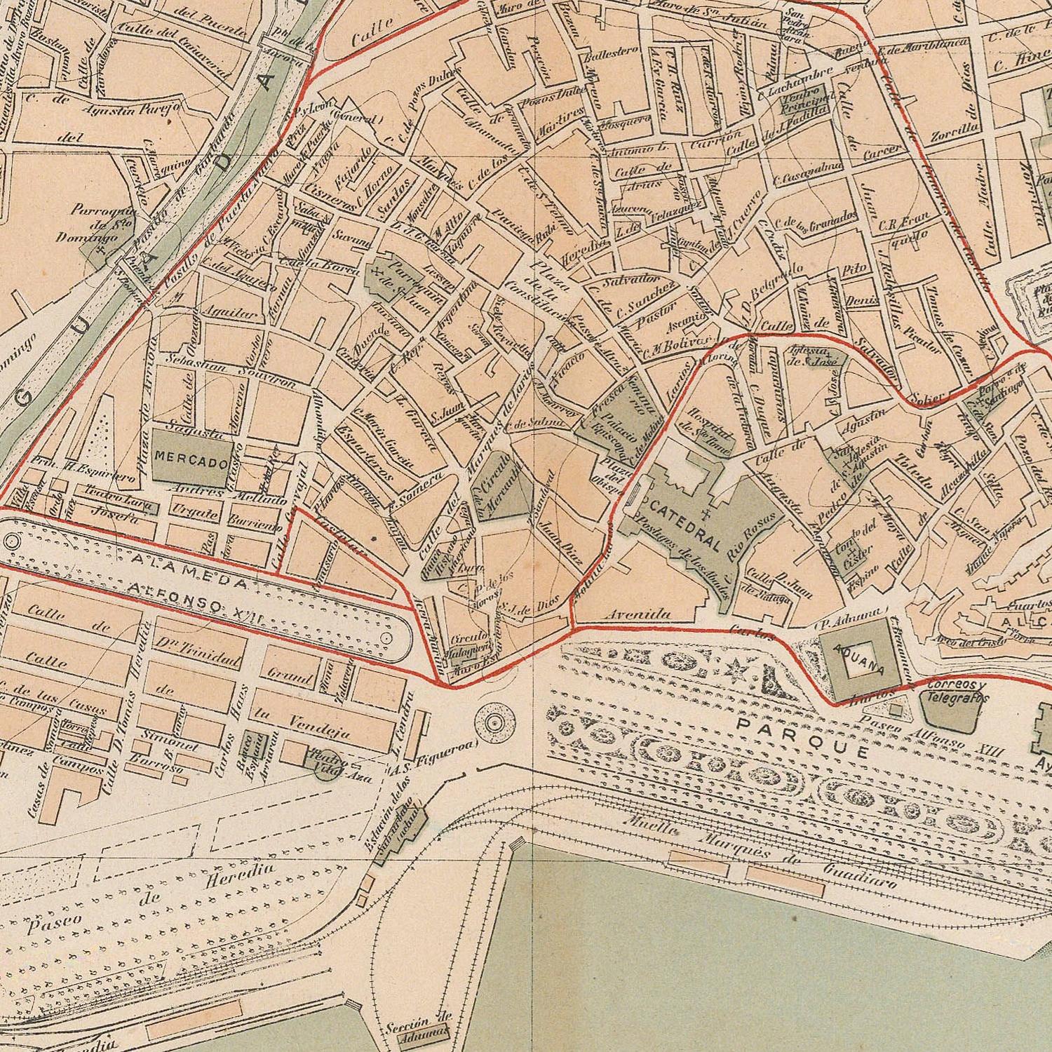 Vintage map of a city layout with streets and landmarks