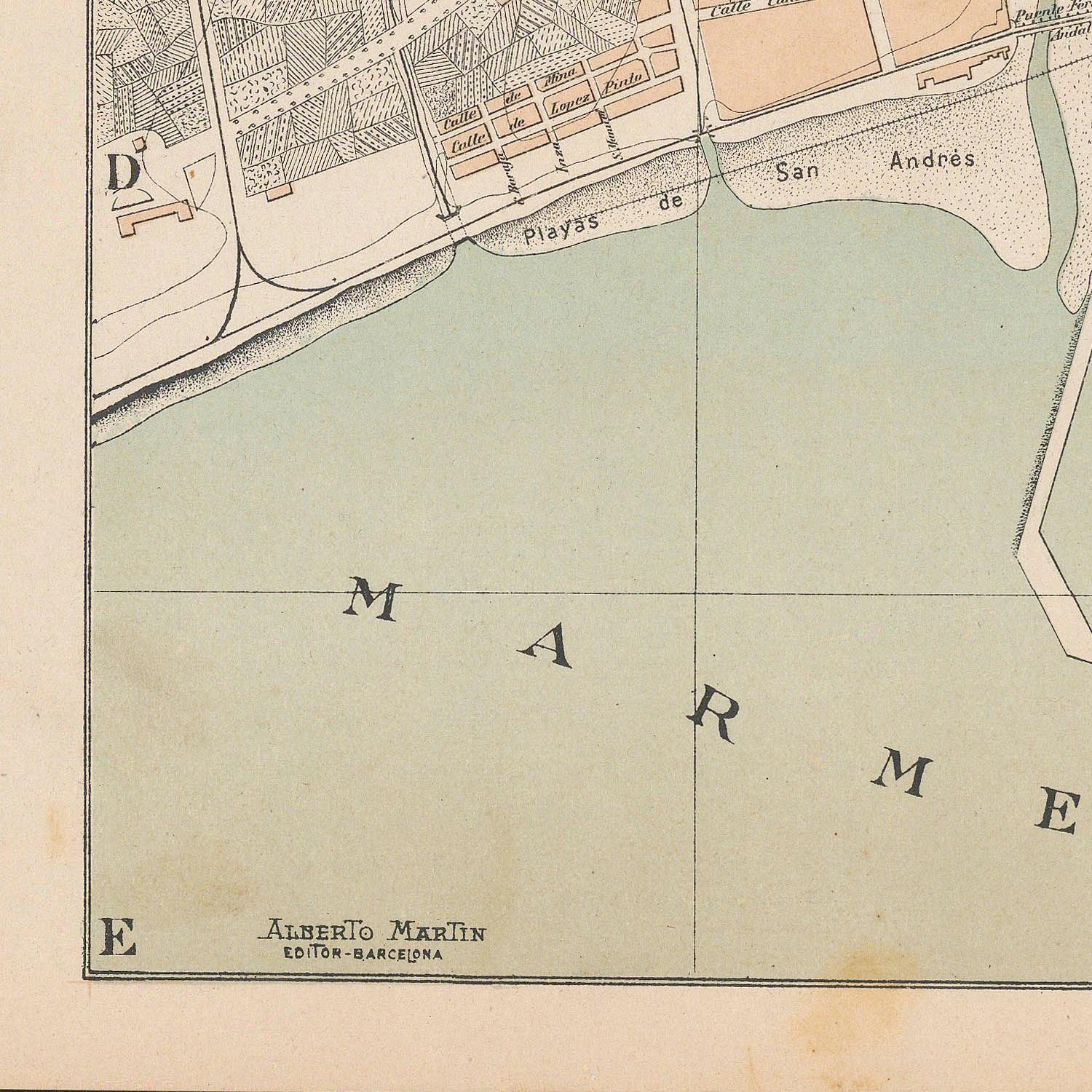 Vintage map of a coastal area with labeled streets and a body of water.